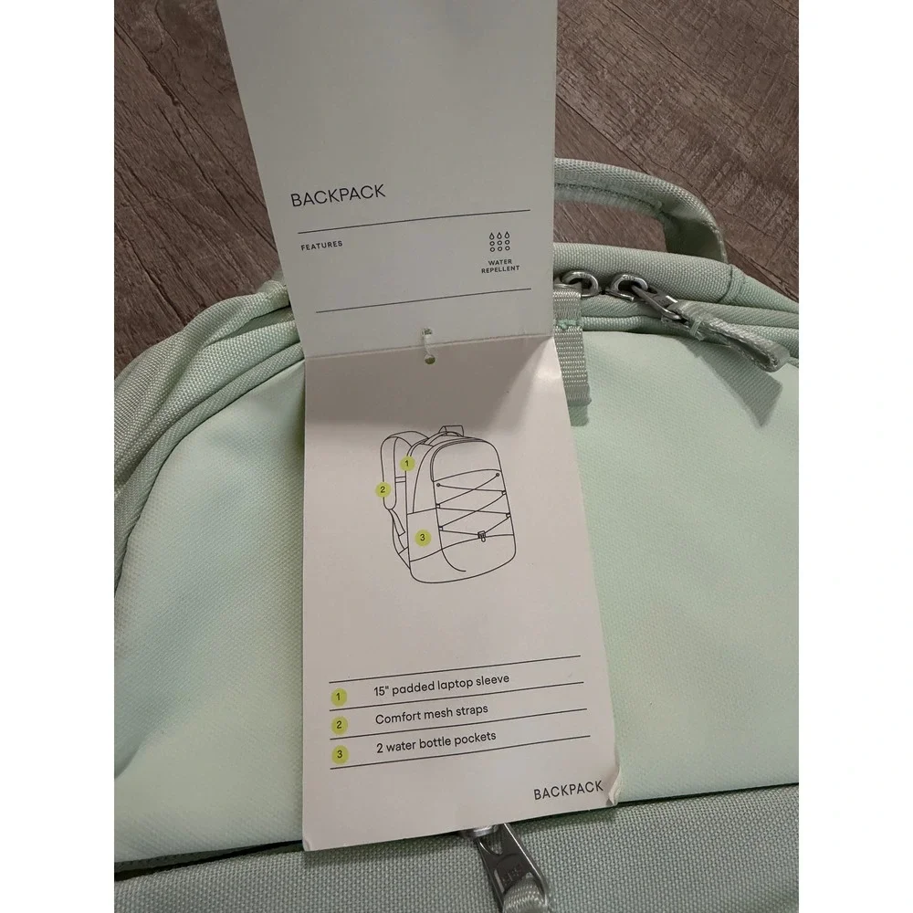 All in Motion Mint Green Water Repellent Backpack 15in Laptop Sleeve NWT